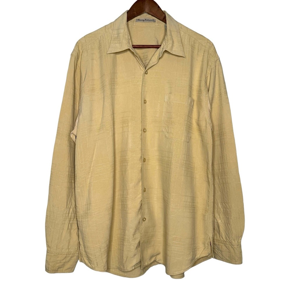 Tommy Bahama L Vintage 100%‎ Silk Textured Long Sleeve Button Shirt Khaki Tan